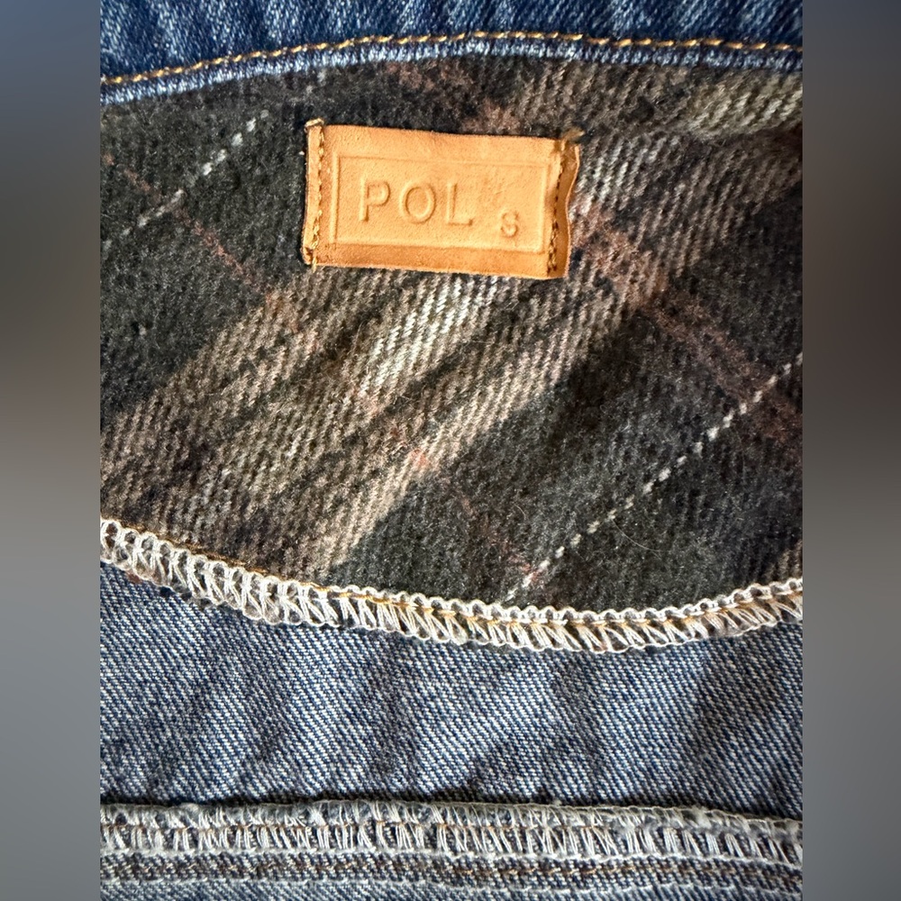 POL Denim Jacket with Multicolor Knit Fringe Sleeves Boho Festival Fall - Picture 5 of 7